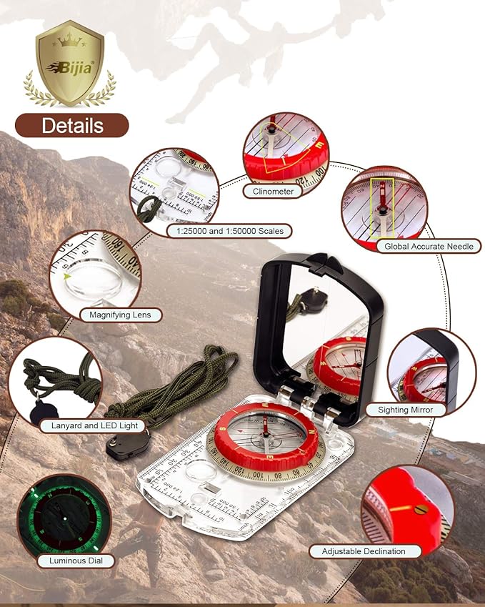 BIJIA Orienteering Map Compass -Sighting Mirror Compass with Adjustable Declination,Clinometer and LED Light for Hiking,Camping,Orienteering,Hunting,Global Mountaineering, Navigating and SAR Training