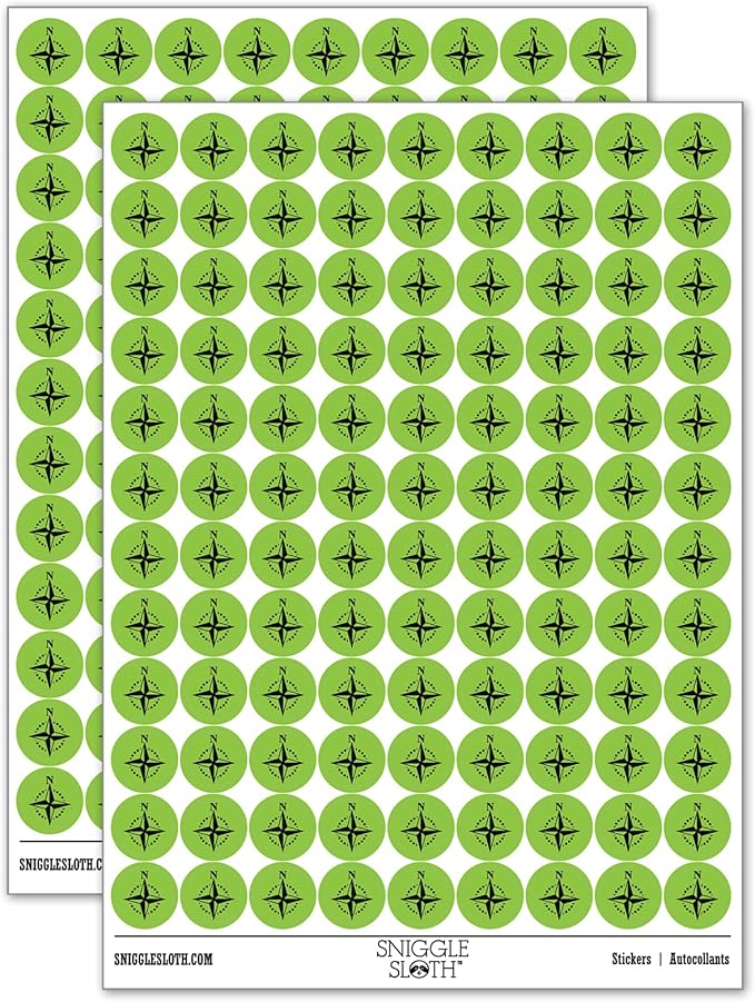 Compass Rose Nautical Star Navigation Map 200+ Round Stickers - Gloss Finish - 0.50" Size - Light Green