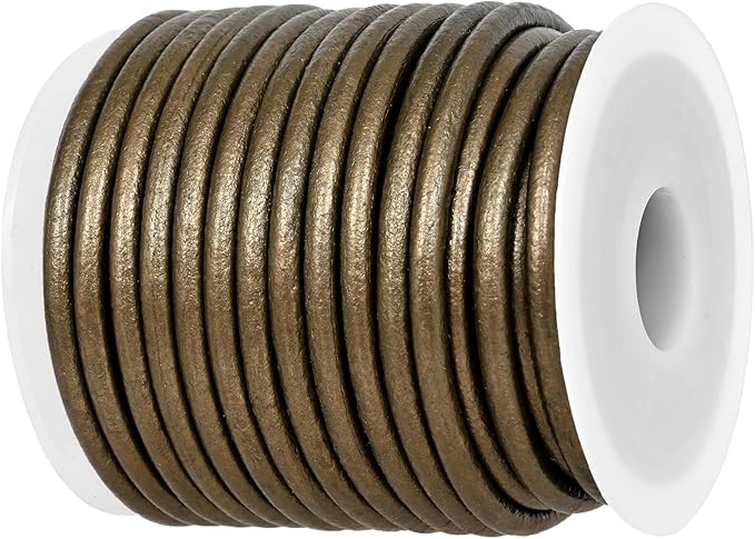 GENIQUE Real/Genuine Round Leather String Cord for Necklace, Bracelets, Jewellery, Braiding (Military Green Metallic, 3mm)
