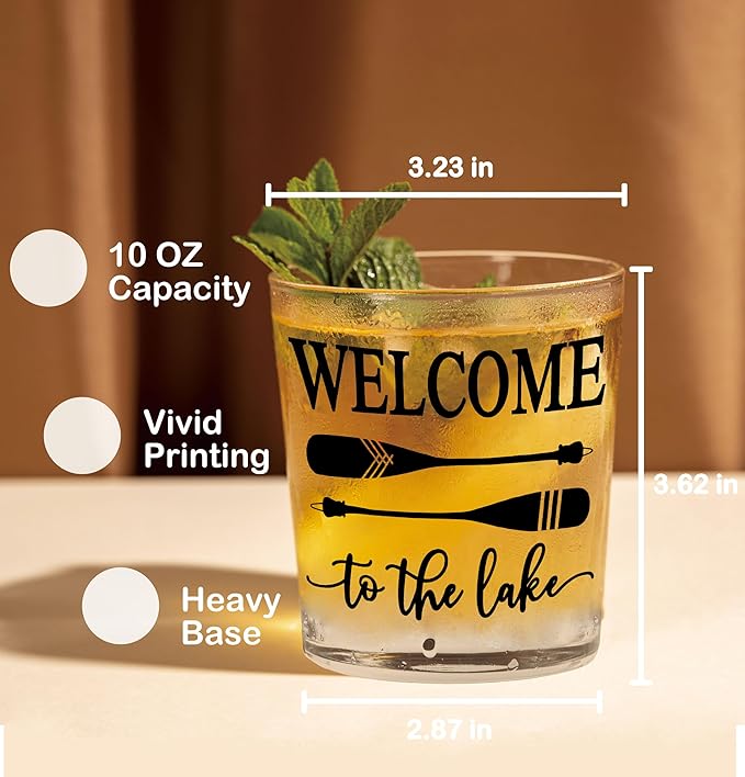Nogrit Lake House Decor Whiskey Glasses 10 Oz,Welcome To The Lake, Beach Wine Old Fashioned Rocks Glasses Lake House Gifts For Women Men Drinking Cocktail Scotch Vodka Tequila Rum