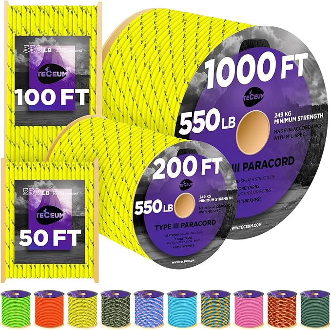 TECEUM Reflective Paracord Rope 1000 – 1000ft/200ft/100ft/50ft – 40+ Colors – Glow in The Dark – para Cord – Utility Rope for Survival, Hunting & Camping Gear – Nylon String, Camping Rope, Tent Cord