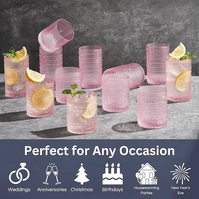 Khen Hobnail Beaded Highball Drinking Tumbler Glasses | Set of 12 | Pink Blush Color, Vintage Bubble Design Whiskey Glassware, Old-Fashioned, Embossed Design for Water, Wine, Cocktail, Rocks Glass