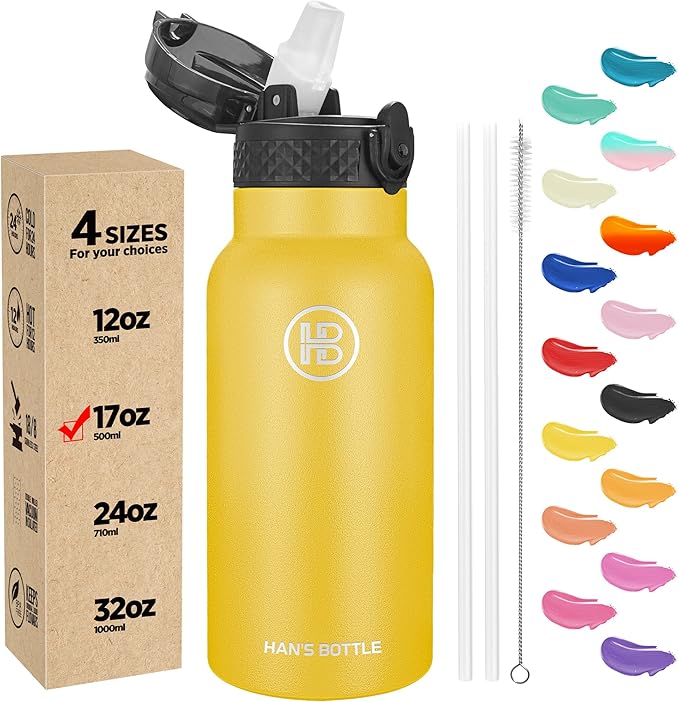 Han's Bottle Kids Water Bottle with Straw Lid - Insulated Stainless Steel Reusable Tumbler for Girls,Boys,Thermo Mug,17oz,Ginger