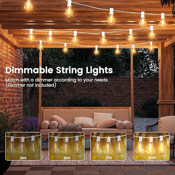 Outdoor String Lights, 100FT LED Patio String Light, String Lights for Outside with 53 LED Bulbs (3 Spare), White Outdoor Light for Yard, Gazebo, Pergola, Porch, Balcony, White Cord