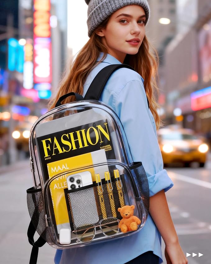 HOTOR Clear Backpack - Multi-Pocket Bookbag, Cold-Resistant PVC Waterproof Work Bag & College Backpack with Padded Shoulder Straps for Travel, Festival, 16.0" x 12.0" x 7.0", Black