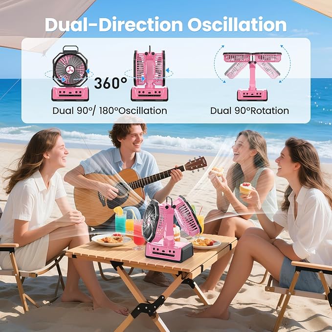 Dual Head Portable Rechargeable Fan 20000mAh Battery Powered Camping Fan Cordless with LED Lantern & Remote, Auto Oscillation, Hook, Battery Operated for Tent Office Travel Picnic Jobsite Orange