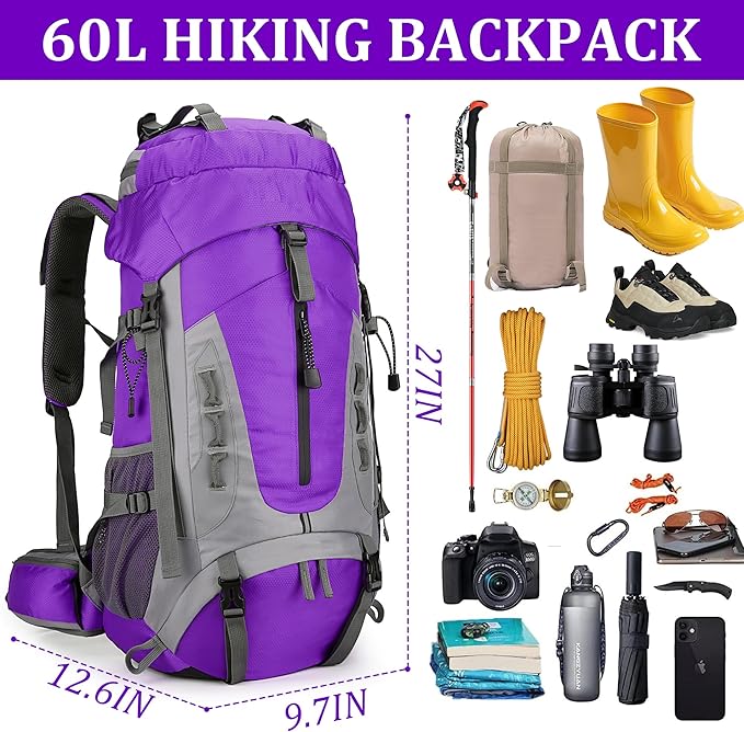 75L Hiking Backpack with Rain Cover Waterproof Camping Backpack Shoes Warehouse for Men Women, Frameless