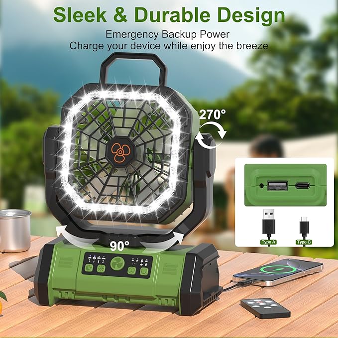 Honesorn Portable Rechargeable Fan 20000mAh, Camping Fan with LED Light & Remote, USB C Cordless Battery Powered, 4 Speeds Timer Hanging Hook for Travel Tent Outdoor Essentials - Green
