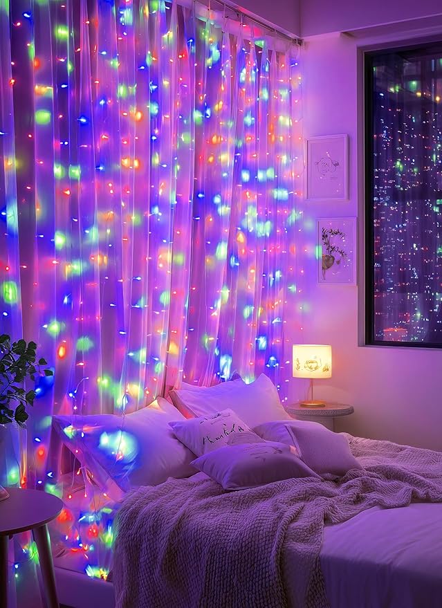 Brightown 300 LED Fairy Curtain Lights, Curtain String Lights, USB Plug in 8 Lighting Modes Christmas Decoration, Hanging Lights with Remote for Bedroom Indoor Weddings Dorm Multicolor 1 Pack