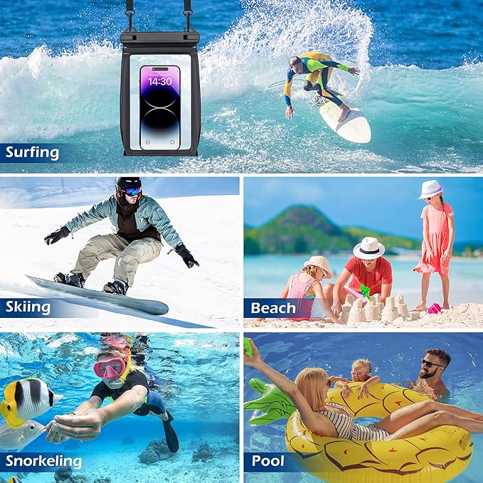 Large Floating Waterproof Phone Pouch [with Sealing Strip], Cell Phone Dry Bag for iPhone 17 16 15 14 13 Pro Max Galaxy Google All Devices, Float Waterproof Bag for Beach Vacation Black