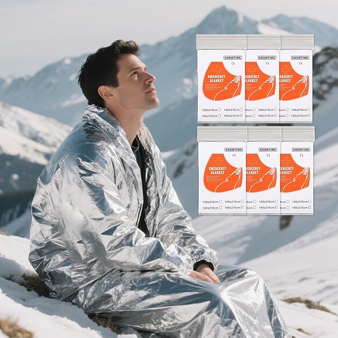 6 Pack Emergency Thermal Blankets for Survival, 82.67”x62.99” Extra Large Mylar Space Blankets, Waterproof & Windproof for Outdoor Camping, Hiking, Survival Kit, First Aid, Car Emergency