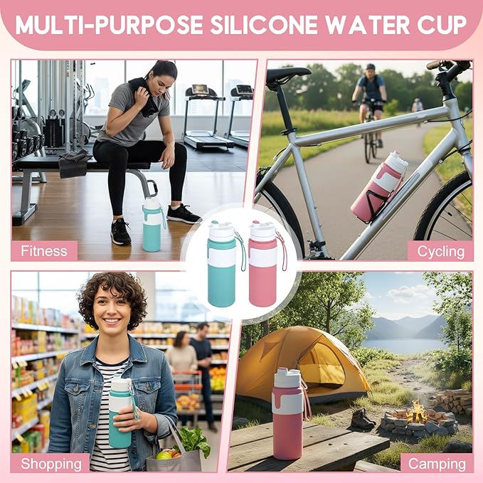 LemonRoad 2 Pcs 26 oz Silicone Collapsible Water Bottle, Portable Foldable Water Bottle Leakproof with Carabiner Reuseable Lightweight for Travel Sports Hiking Camping Cycling Office (Green,Pink)