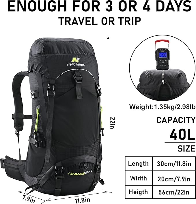N NEVO RHINO 40L Internal Frame Hiking Backpack for Men Women with Rain Cover, Lightweight Outdoor Backpacking Backpack for Camping, Hiking, Traveling
