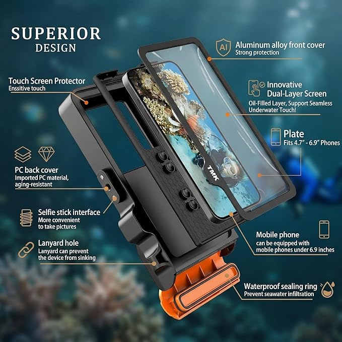 Diving Phone Case for iPhone 17 16 15 14 13 Pro Max Galaxy S25 S24 S23 Ultra, 50ft/15m Professional Waterproof Underwater Case with Real Touchscreen, Universal Camera Housing for Snorkeling (Orange)