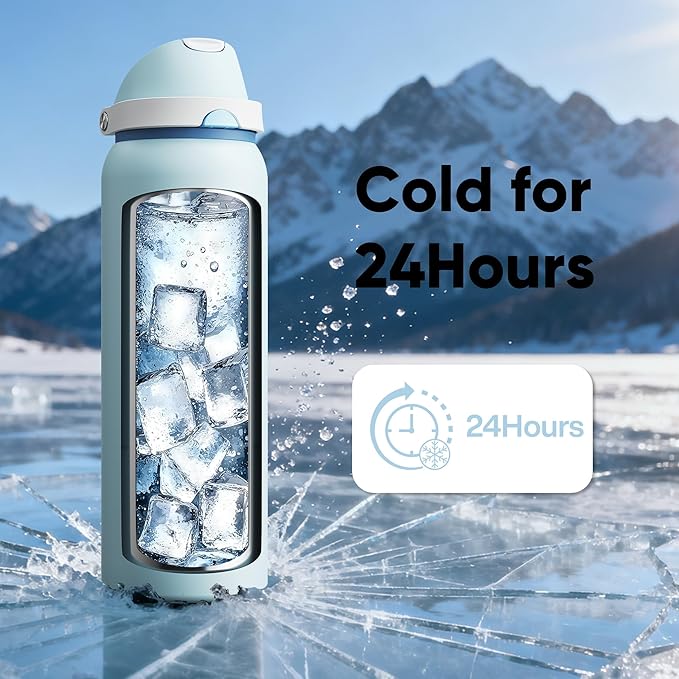 Insulated Water Bottle with Straw - Encool Stainless Steel Water Bottle with Push Button Lid, Leak-Proof & BPA-Free, Keeps Cold for 24 Hours for Sports, Travel, Gym (40 oz, Jungle Mist)
