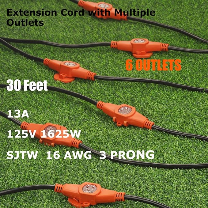30 FT Outdoor Extension Cord with Multiple Outlets, Evenly Spaced 6 Outlets Plugs with Safety Cover, 16/3 SJTW Weatherproof Multiple Outlets Wire for Landscape/Christmas Tree Lights,ETL Listed, Black