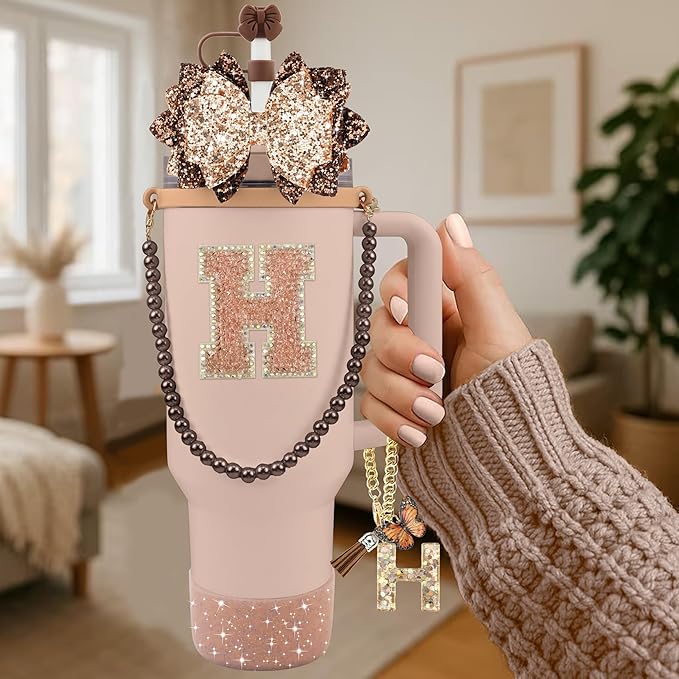 9PCS Brown for Stanley Cup Accessories Set Bling Initials Bow Charms for Stanley Decorations 30/40 Oz Tumbler Accessories Including Bow Straw Topper, Handle Strap, Spill Stopper（Letter H）