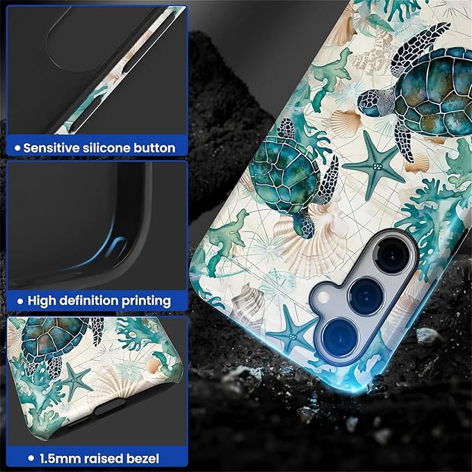 for Samsung Galaxy S24 Plus Case,HL2 Ocean Sea Turtle Nautical Map Hybrid 2 Layer Hard Shell Silicone Protective Pattern Design Case