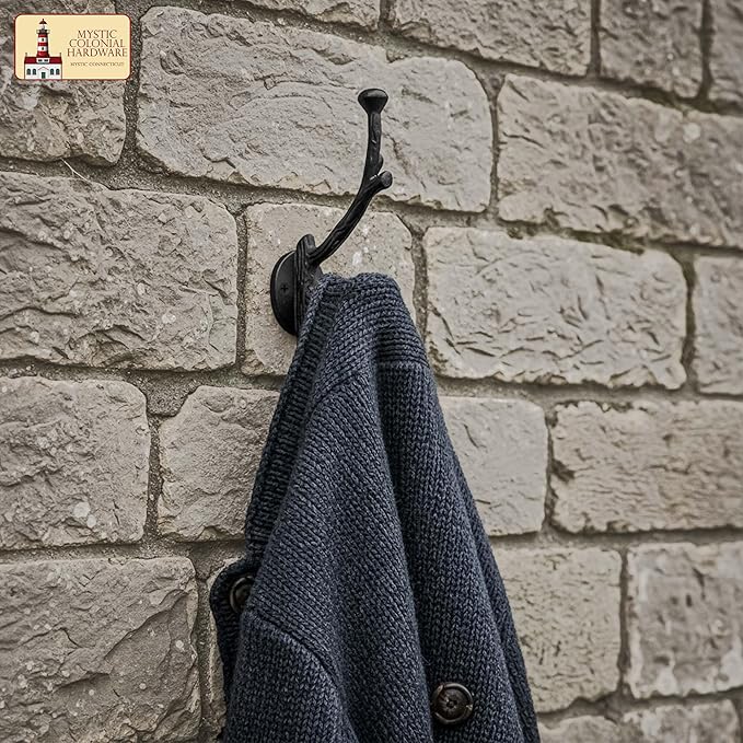 Mystic Colonial Rustic Cast Iron Wall Hooks, Heavy Duty Retro Utility Hooks for Hanging Coat, Bag, Towel, Robe, Hat and More, Pack of 2, Black