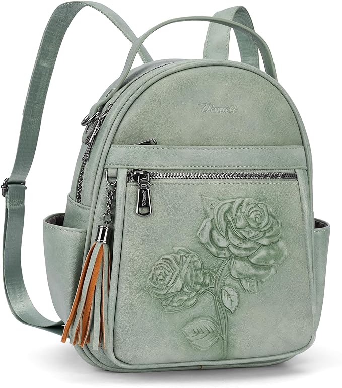 Mini Backpack Purse for Women,Embossed Vegan Leather Small Backpack Fashion Backpacks Daypacks Shoulder Handbag (Green-Flower)