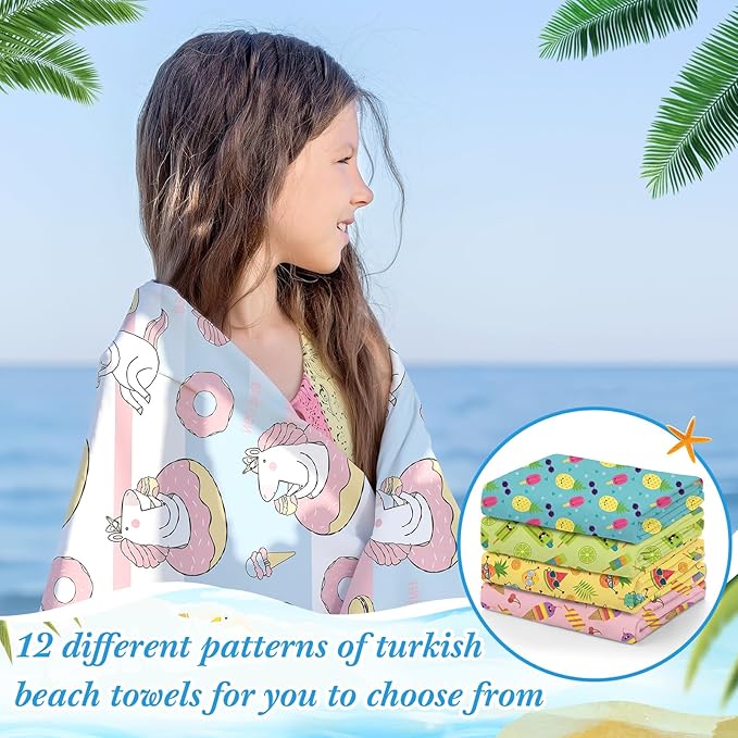 Peryiter 24 Pack Microfiber Oversize Turkish Beach Towel Set 12 Large Absorbent Beach Towels with 12 Storage Bag 28 x 55 Quick Dry Lightweight Bath Towel Blanket for Hawaii Camp Swim Pool(Ice Cream)
