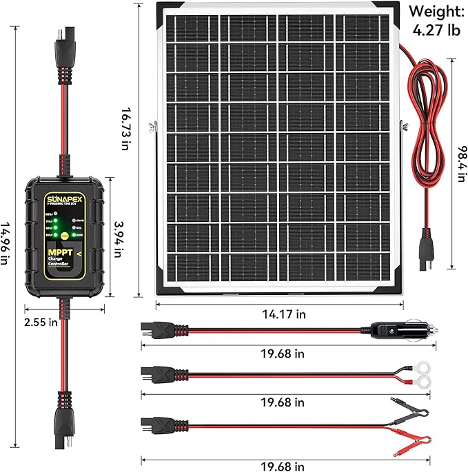 SUNAPEX 12V Solar Battery Charger: 25W Waterproof Solar Panel Kit- Aluminum Trickle Charger for Car Battery with MPPT Controller - Battery Tender Motorcycle Boat Marine RV Trailer Tractor Truck