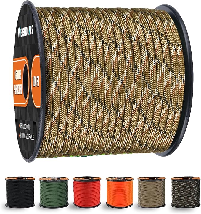 WEREWOLVES 650lb Paracord/Parachute Cord - 9 Strand Paracord Rope - 100', 200' Spools of Parachute Cord, Type III Paracord for Camping, Survival