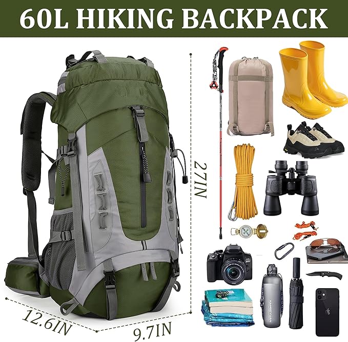 75L Hiking Backpack with Rain Cover Waterproof Camping Backpack Shoes Warehouse for Men Women, Frameless