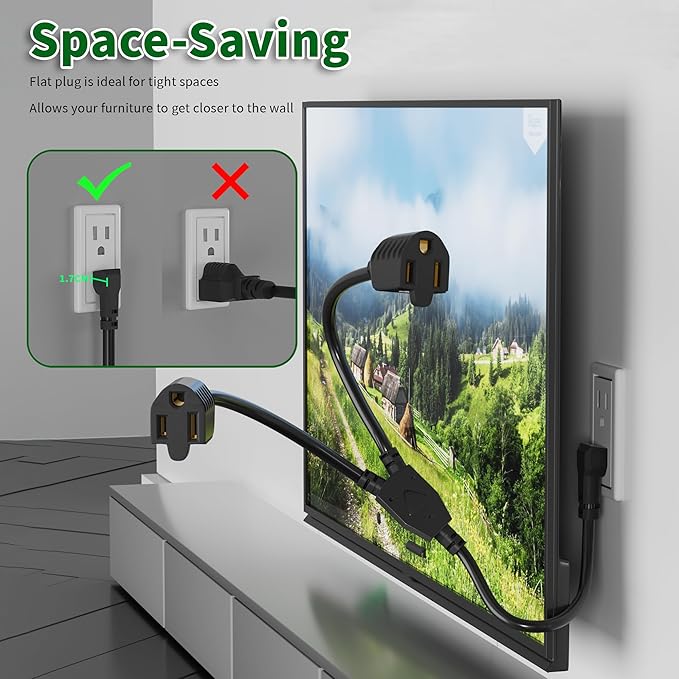 Elecan 3-Prong Y Splitter Power Extension Cord 1 FT, 90-Degree Angled Flat Plug 1 to 2 Way Outlet Space Saver, Heavy Duty Weatherproof SJTW, 16AWG 13A, 5-15P Cable Extender for Indoor Outdoor-UL