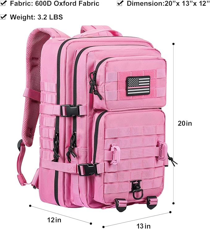 Hannibal Tactical MOLLE Assault Backpack, Tactical Backpack Military Army Camping Rucksack, 3-Day Pack Trip w/USA Flag Patch, D-Rings, Pink
