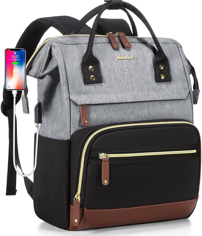 Focdod Laptop Backpack 17.3 Inch Womens Professional Purse Computer Bag Nurse Teacher Backpack College Work Bags Carry on Travel Back Pack with USB Port Black-Grey-Brown