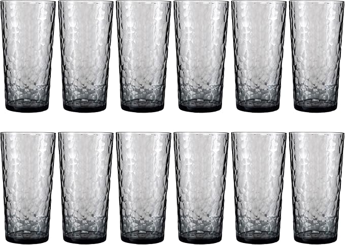 24-ounce Plastic Tumblers, Acrylic Drinking Glasses High-Balls, Reusable Plastic Cups, set of 12 Grey, Hammered Style Stackable, BPA-Free, Shatter-Proof, Dishwasher-Safe