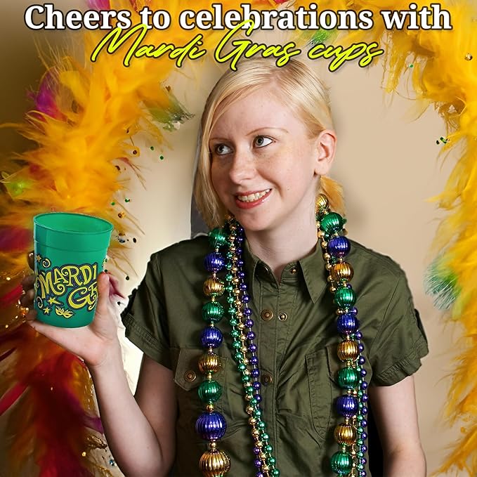 Fun Express Plastic Cups Reusable 12 Pack - Heavy Duty Mardi Gras Party Cups 11oz for Celebrations | Colorful Green Plastic Drinkware Set for Indoor & Outdoor Events | BPA-Free Bulk Party Essentials