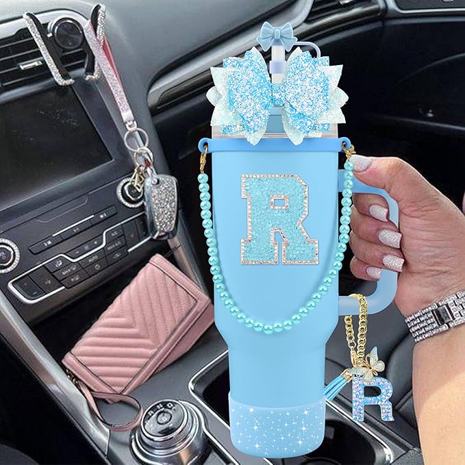 9PCS Blue for Stanley Cup Accessories Set Bling Initials Bow Charms for Stanley Decorations 30/40 Oz Tumbler Accessories Including Bow Straw Topper, Handle Strap, Spill Stopper（Letter R）