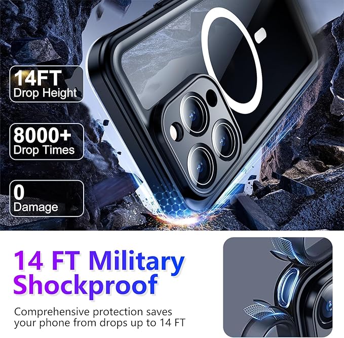 Temdan Compatible with iPhone 14 Pro Max Case Waterproof, Built-in Screen & Camera Protector IP68 Underwater Full Body 14FT Military Dropproof Shockproof Phone Case 6.7"-Black/Clear-Mag