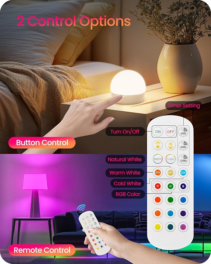 Rechargeable Light Bulbs with Remote Control, Battery Operated Light Bulbs, 3 Timer 15 Colors Selectable, Dimmable Wireless RGB LED Bulb for Wall Sconce, Non-Hardwired, 2 Pack, R01YBP206