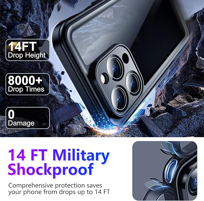 Temdan Compatible with iPhone 14 Pro Max Case Waterproof, Built-in Screen & Camera Protector IP68 Underwater Full Body 14FT Military Dropproof Shockproof Phone Case 6.7"-Black/Clear
