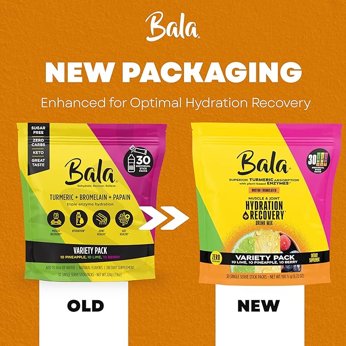 Bala Total Body Wellness Drink Mix, Hydrate & Recover Variety Pack, Pineapple, Lime & Berry, 10 Per Flavor, Zero Sugar Electrolytes Powder Packets with Enzymes & Amino Acids, Turmeric Drink, 30 Sticks