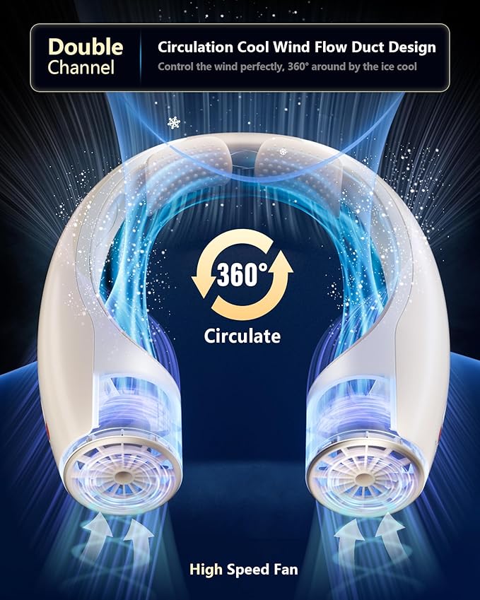Rohent Portable Neck Fans that Blow Cold Air for Indoor: Faster Cooling Fans That Blow Cold Air Ultra Quiet - High Velocity USB Rechargeable Cordless Fan for Home, Office, Kitchen, Desk Use - Beige