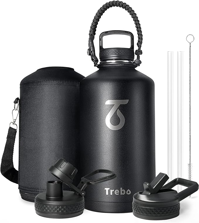 Trebo One Gallon Water Bottle Insulated with Paracord Handle,128oz Large Vacuum Triple Wall Stainless Steel Insulated Jug with Straw Spout Handle Lids, Leakproof Keep Cold & Hot,Black