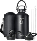 Trebo One Gallon Water Bottle Insulated with Paracord Handle,128oz Large Vacuum Triple Wall Stainless Steel Insulated Jug with Straw Spout Handle Lids, Leakproof Keep Cold & Hot,Black