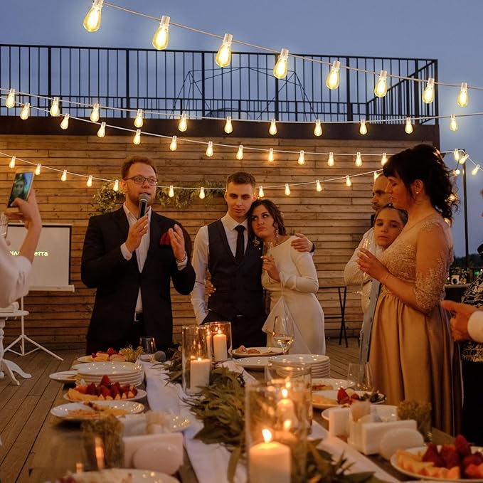 Larkvue 192FT(2x96FT) LED Outdoor String Lights, Linkable Patio Light with 60+3 2700K Waterproof Dimmable Hanging Bulbs for Pergola Cafe Wedding-White