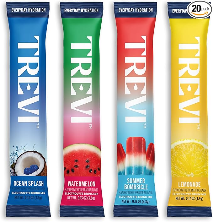 TREVI™ Everyday Sugar Free Electrolytes - Essential Drink Mix Hydration Powder Packets - 20 Count - Favorites Variety Pack - Watermelon, Summer Bombsicle, Ocean Splash, Lemonade