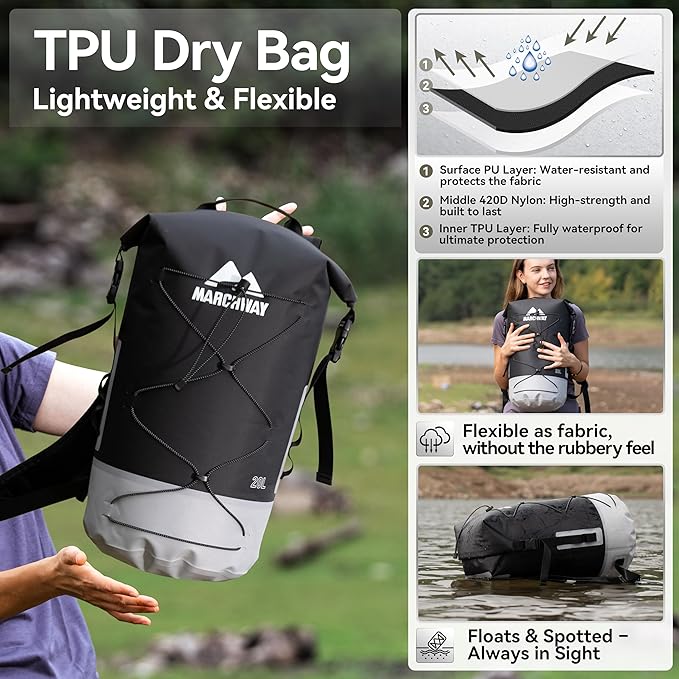 MARCHWAY Floating Roll Top Dry Bag, Flexible Lightweight TPU Waterproof Backpack 20L/30L/40L with Padded Straps for Boating, Kayaking, Swimming, Hiking, Beach (Black, 40L)
