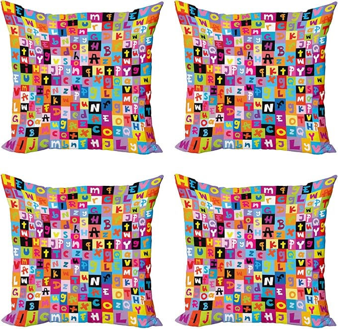 Ambesonne Abstract Throw Pillow Cushion Case Pack of 4, Colored Alphabet Letters Pattern Game Graphic Print, Modern Accent Double-Sided Digital Printing, 24", Multicolor