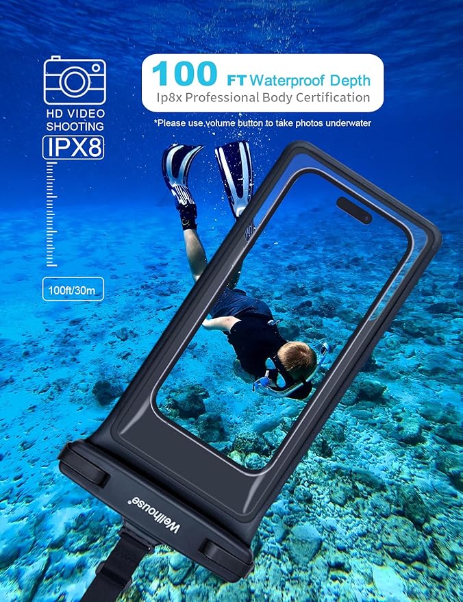 wellhouse Waterproof Phone Pouch, Waterproof Phone Case for iPhone 17 16 15 14 13 Pro Max XS Samsung, IPX8 3D Cellphone Dry Bag Beach Essentials (1 Pack - Black8.0, 8 inch)
