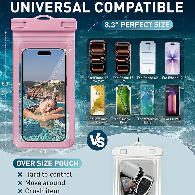 Waterproof Phone Pouch, with Interior Card Pocket, Large Waterproof Phone Case for iPhone 17 16 15 14 Pro Max, IPX8 Lightweight Phone Dry Bag, Beach Cruise Ship Essential,2 Pc-Pink+Purple-8.3″