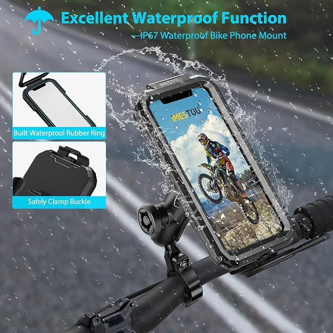 iMESTOU Anti-Theft Waterproof Motorcycle Phone Mount Bike Mobile Holder Double Socket Arms Aluminium Base Fit to Handlebar/Rear-View Mirror Pole for 3.5"-6.1" Cellphones (S)