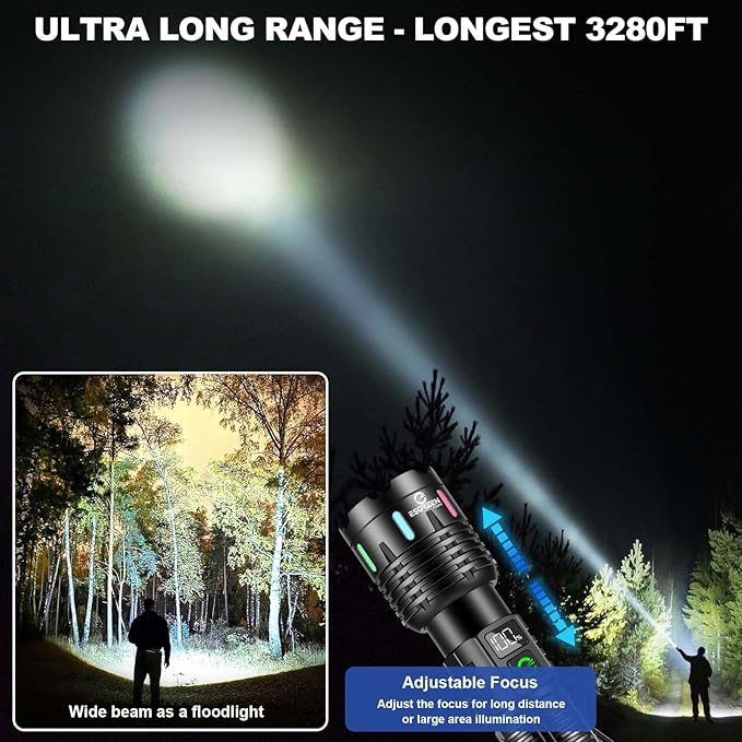 Esgreen Rechargeable Flashlights High Lumens 100000 Single 2 Modes, Super Bright LED Flashlight USB C Long Distance 3280ft, Powerful Long Lasting 10H Heavy Duty Strong Flash Light for Camping Hiking