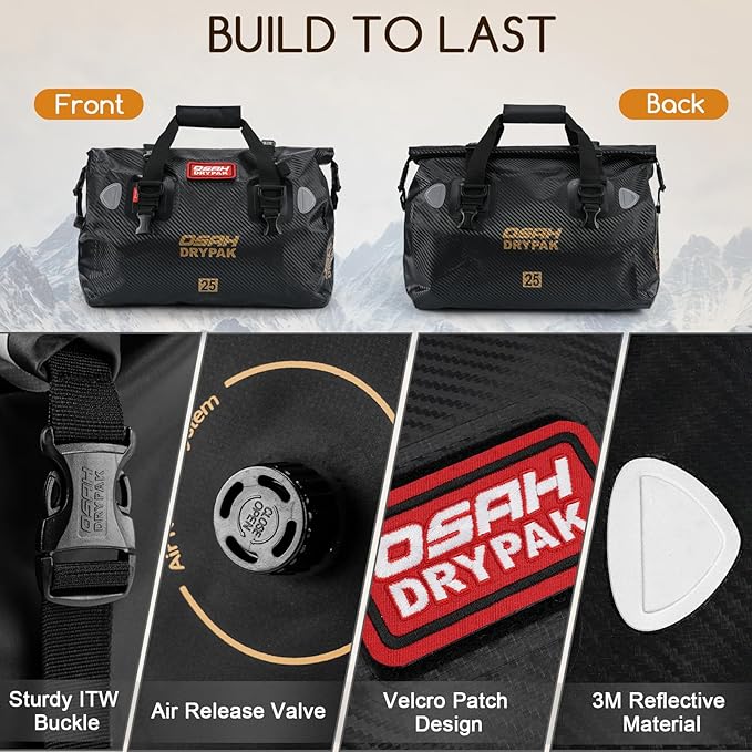OSAH DRYPAK Waterproof Duffel Bag - Motorcycle Dry Bag Tail Bag with Large Storage Space, Waterproof Luggage Duffle Bags with Outer Mesh Zipper Pocket for Camping, Kayaking, Fishing & Traveling